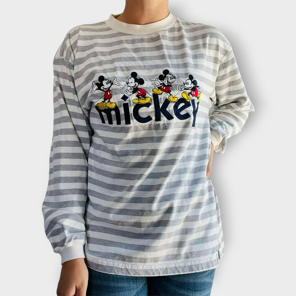 The Disney Store Top Long Sleeve Tee Mickey Mouse Vintage Striped Crew Neck M